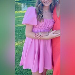 All in Favor pink puff sleeve mini dress